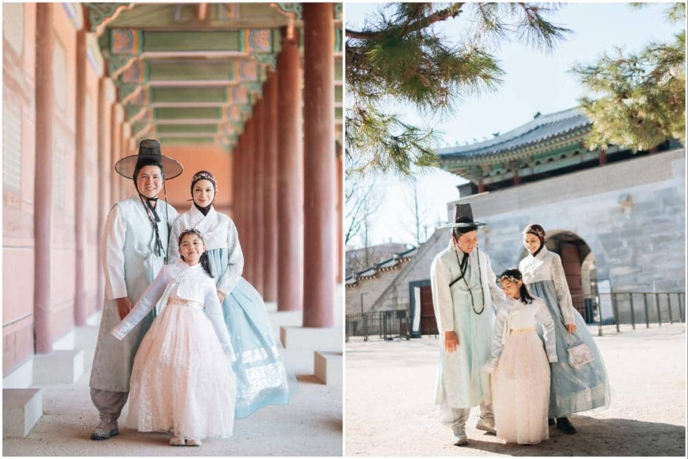 Keluarga Haykal Kamil pakai hanbok saat liburan di Korea Selatan