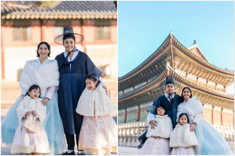 Keluarga Caca Tengker pakai hanbok di Korea.