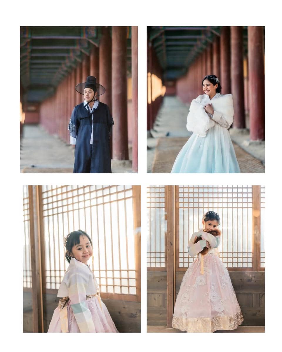 Keluarga Caca Tengker pakai hanbok di Korea.