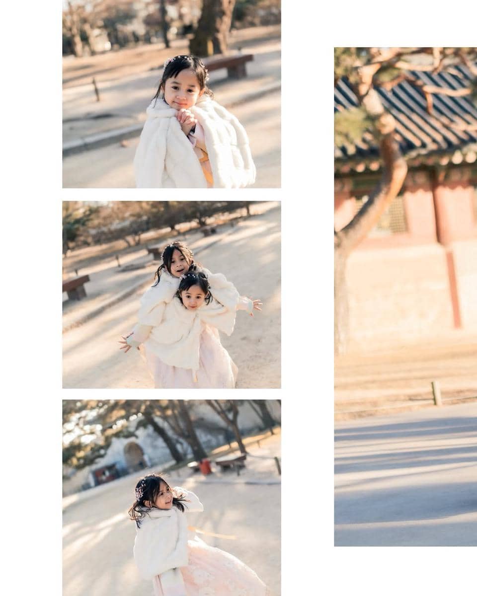 Keluarga Caca Tengker pakai hanbok di Korea.