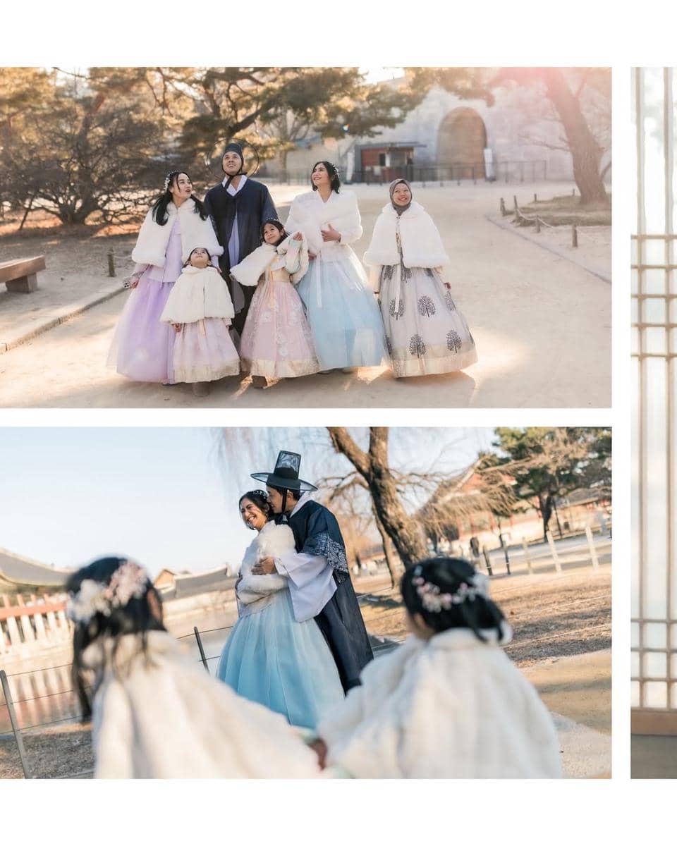 Keluarga Caca Tengker pakai hanbok di Korea.