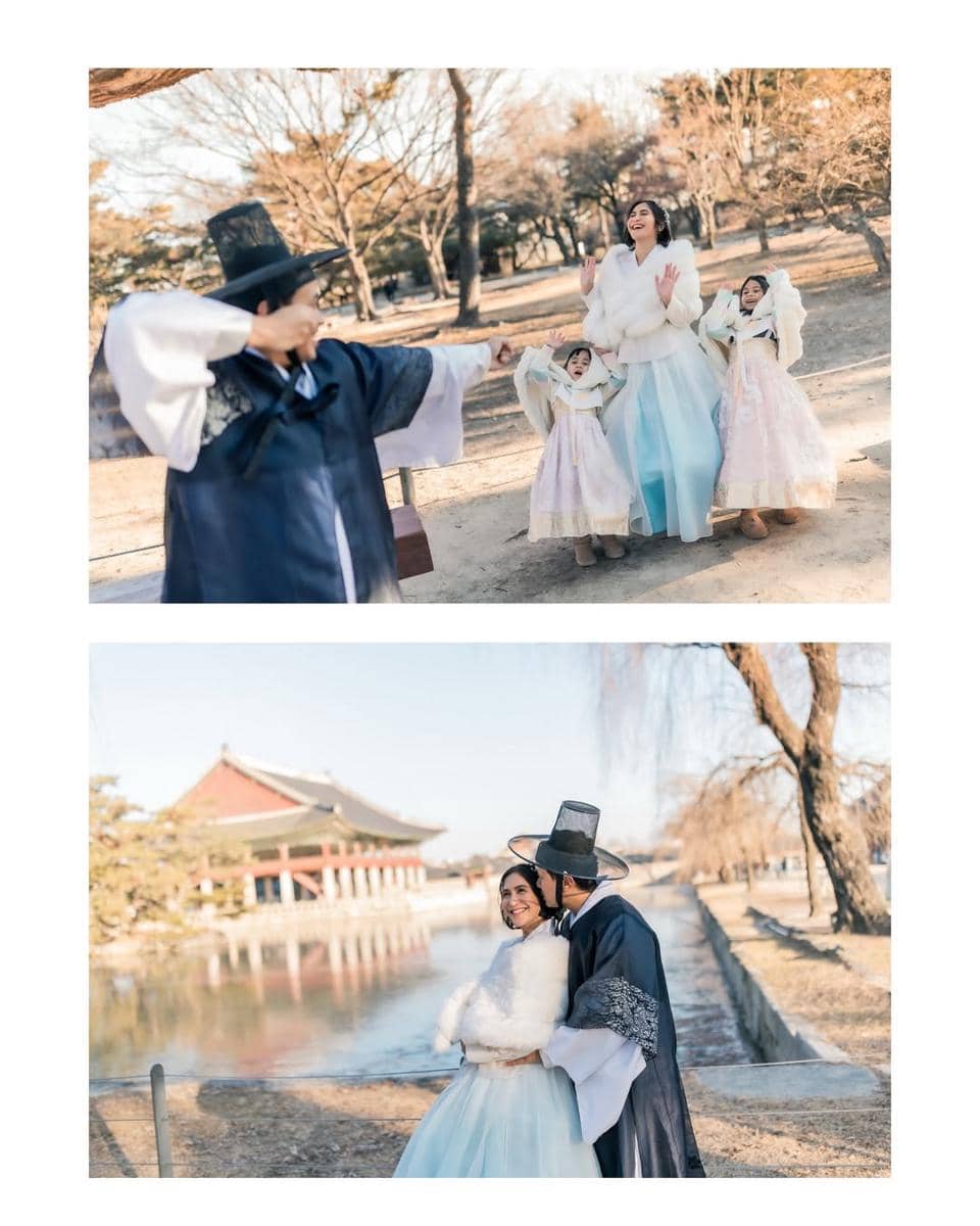 Keluarga Caca Tengker pakai hanbok di Korea.
