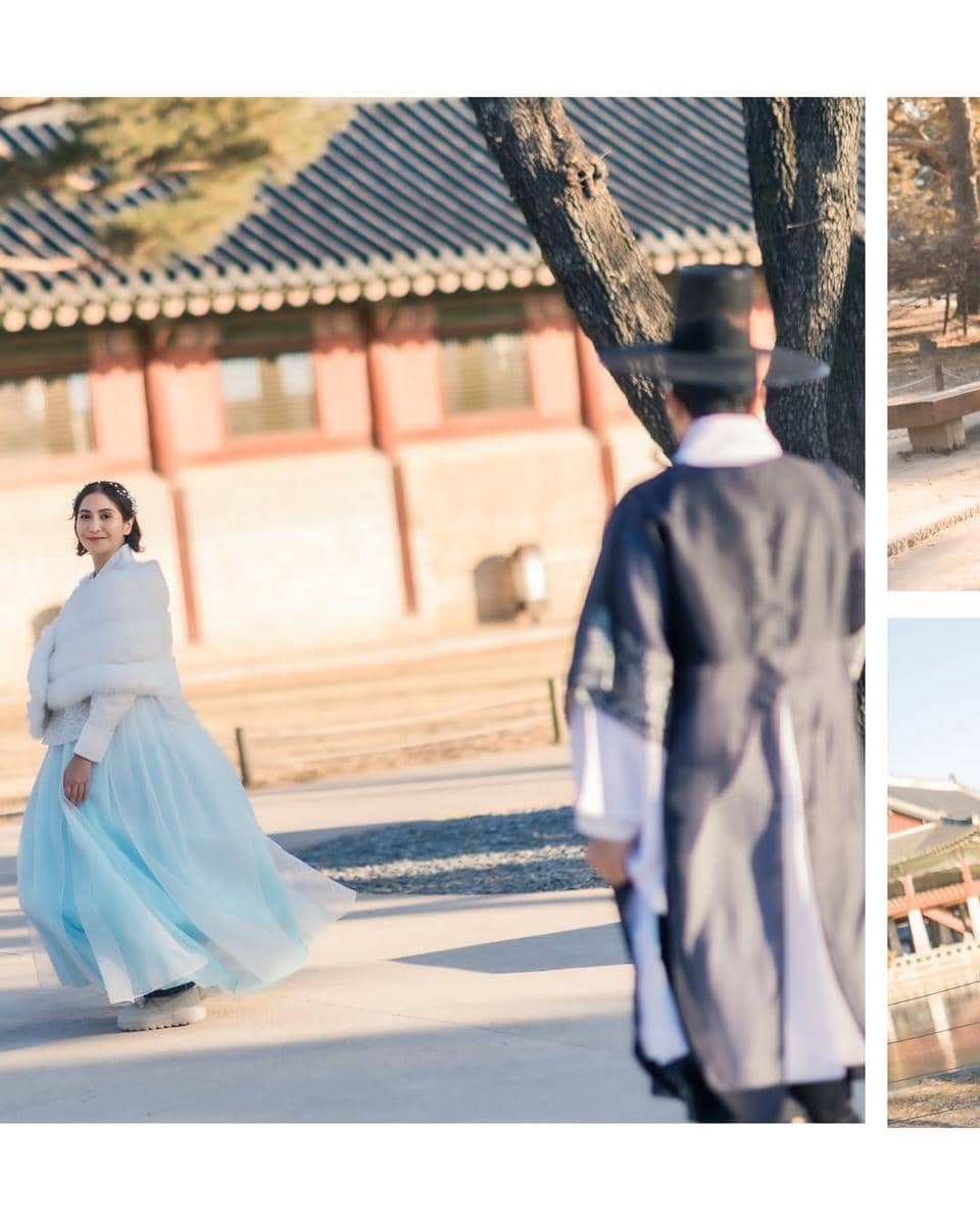 Keluarga Caca Tengker pakai hanbok di Korea.