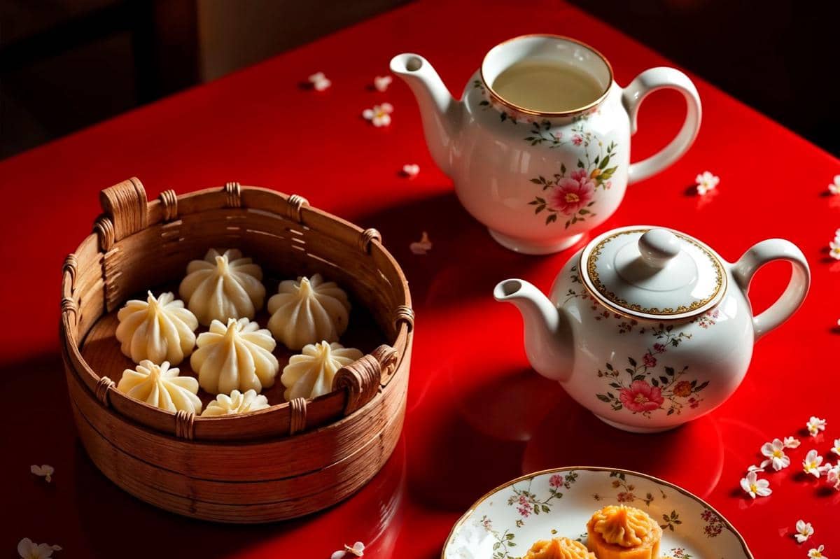 ilustrasi dimsum dan teh