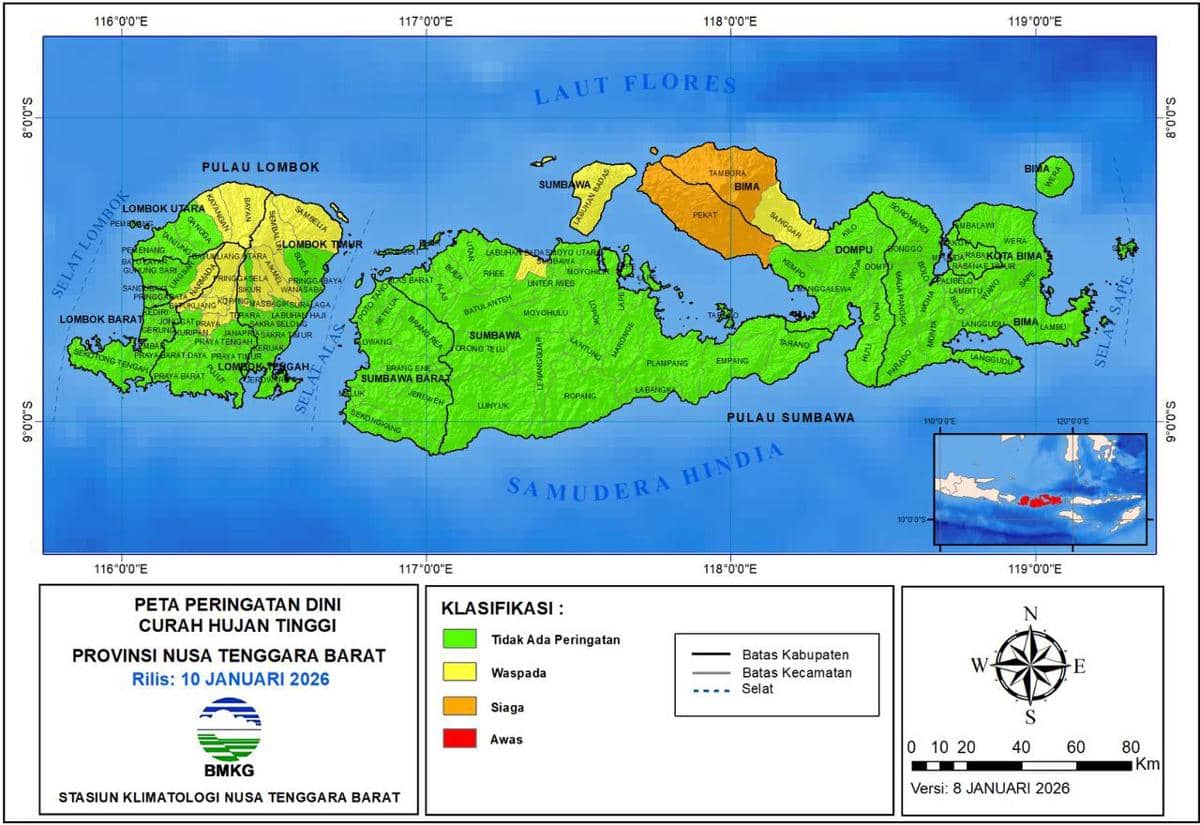 Wilayah yang berpotensi dilanda curah hujan tinggi di NTB dalam 10 hari ke depan. 