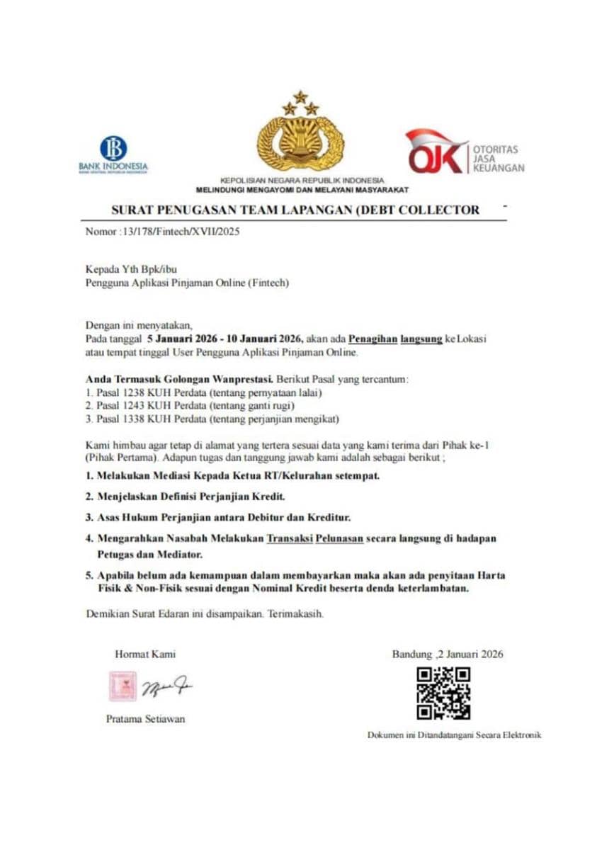 Surat penagihan tim lapangan (debt collector) yang mencatut OJK dan viral di media sosial