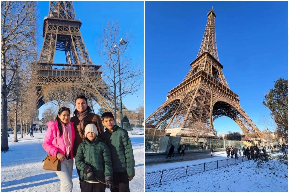 Keluarga Titi Kamal menikmati salju di menara Eiffel