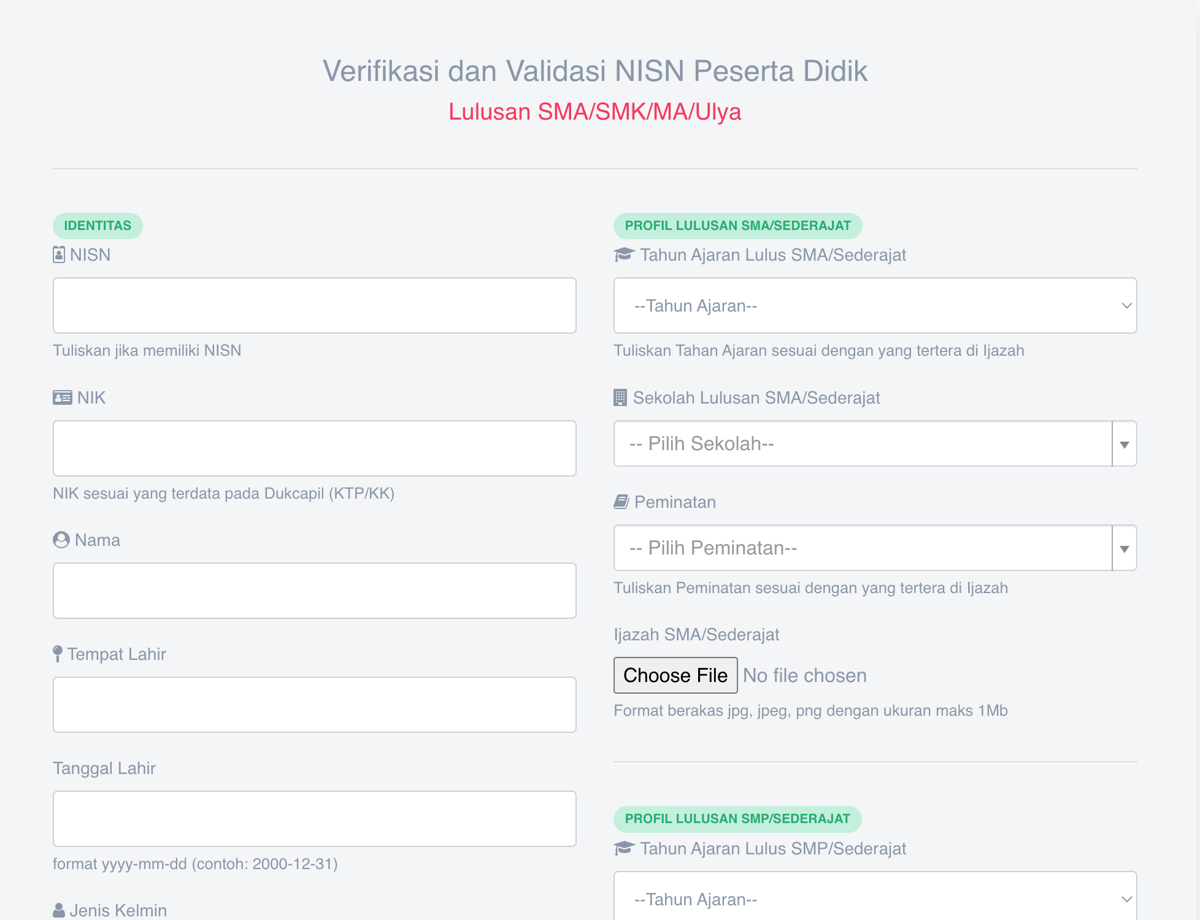 halaman depan situs verifikasi dan validasi NISN