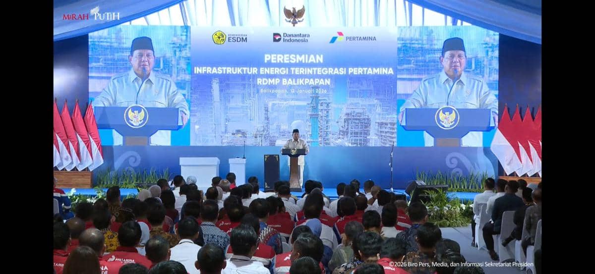 Presiden Prabowo dalam pidatonya saat peresmian proyek Refinery Development Master Plan (RDMP) Balikpapan, di Balikpapan, Kalimantan Timur