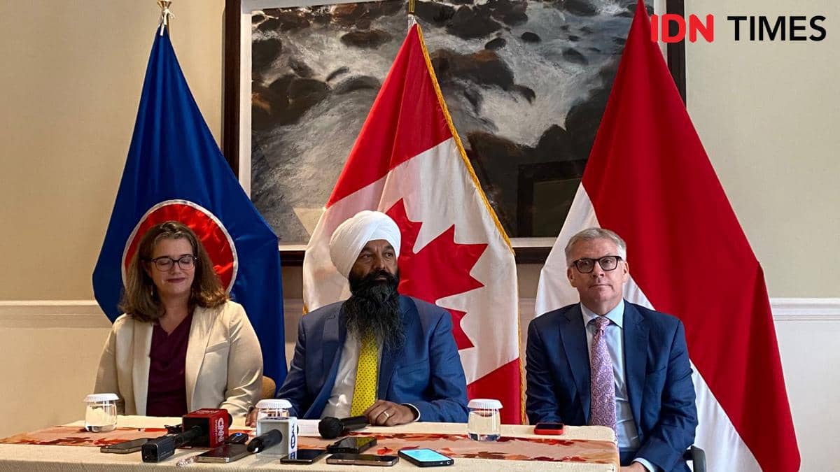 Secretary of State Kanada untuk Pembangunan Internasional Randeep Sarai dalam jumpa pers di Kediaman Duta Besar Kanada di Jakarta.