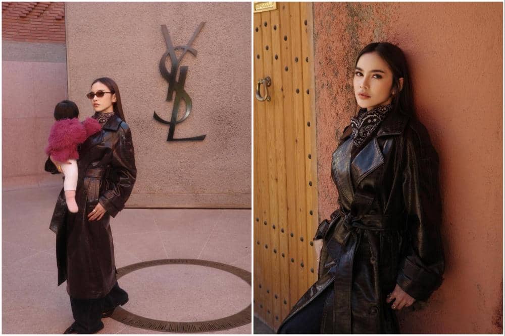 Mahalini berbalut leather coat saat momong Selina