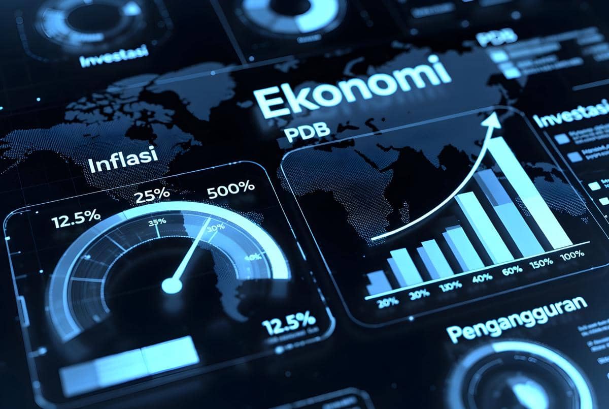 Dashboard digital futuristik berwarna biru yang menampilkan grafik batang, speedometer inflasi, dan peta dunia dengan teks bahasa Indonesia seperti Ekonomi, PDB, dan Pengangguran