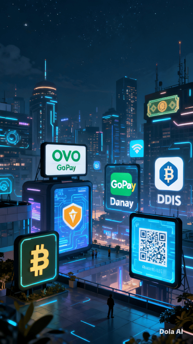 Ilustrasi uang digital dengan tampilan aplikasi transaksi dan kode QRIS.