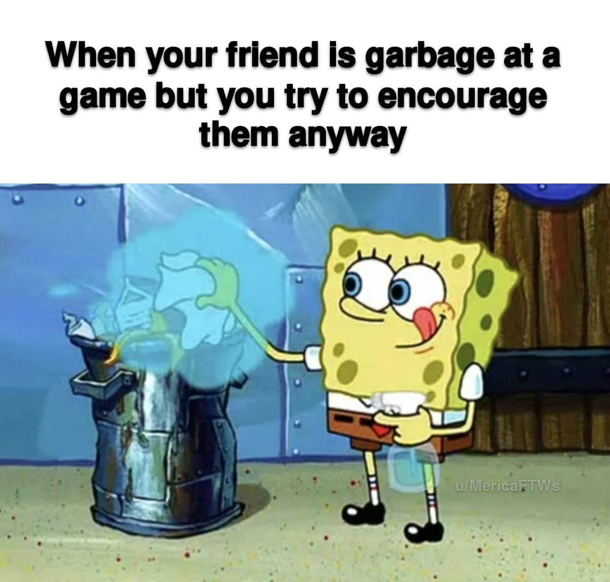 meme SpongeBob membersihkan tempat sampah