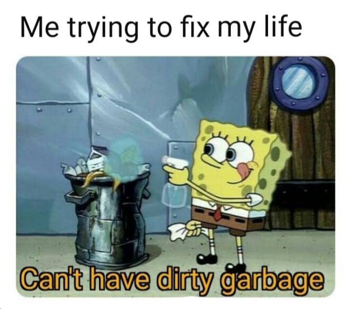 meme SpongeBob membersihkan tempat sampah