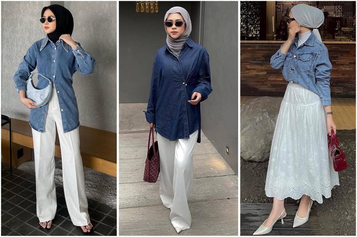 potret ide OOTD hijab nuansa denim ala Reni Marlina