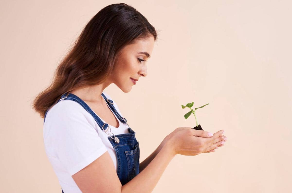 ilustrasi seorang perempuan memegang tumbuhan