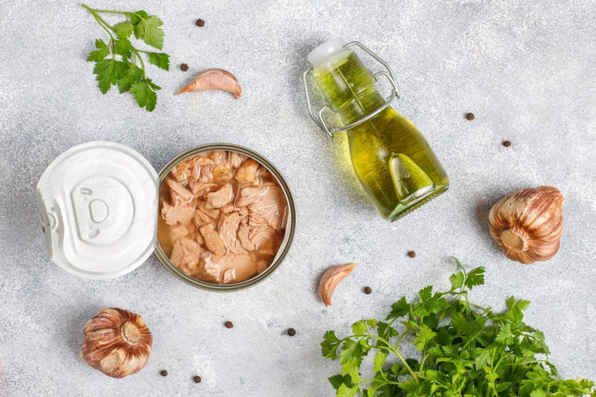 ilustrasi tuna kaleng yang masih terendam minyak atau air