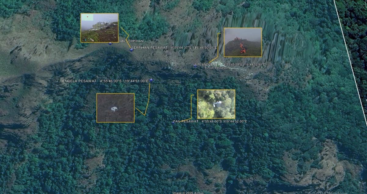 Lokasi penemuan serpihan pesawat Indonesia Air Transport tipe ATR 42-500 di lereng Gunung Bulusaraung, Pangkep, Sulawesi Selatan, Minggu (18/1/2026). (Dok. Basarnas Makassar)
