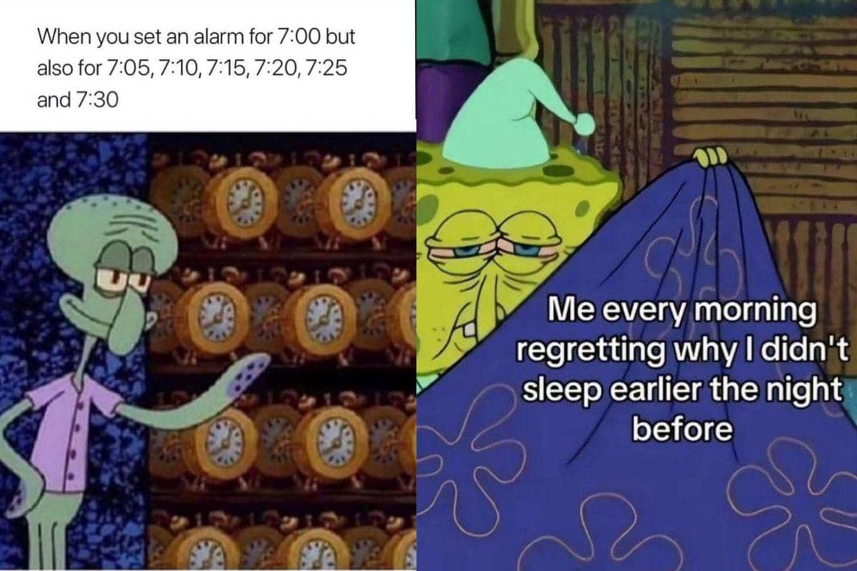 kolase meme SpongeBob tentang hal yang biasa terjadi pagi hari