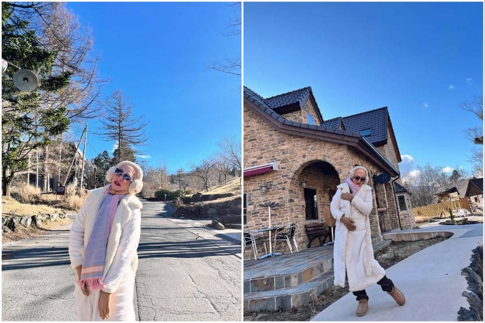 Angelina Sondakh nongkrong di bawah kaki Gunung Fuji