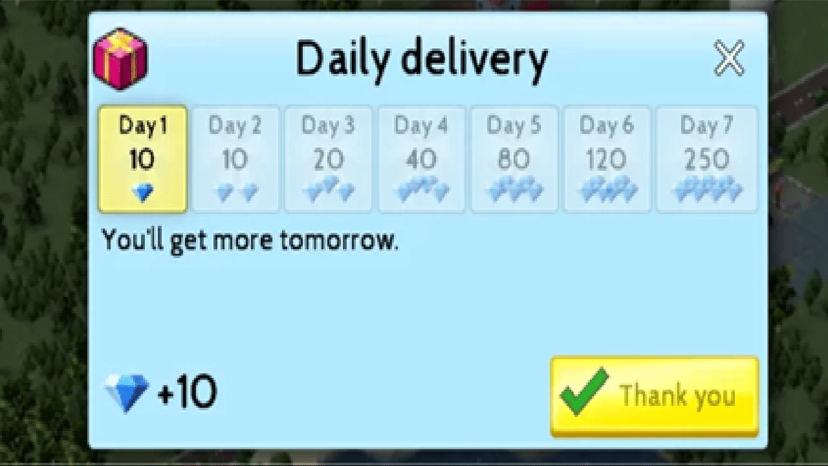 Login harian berhadiah Diamond di TheoTown