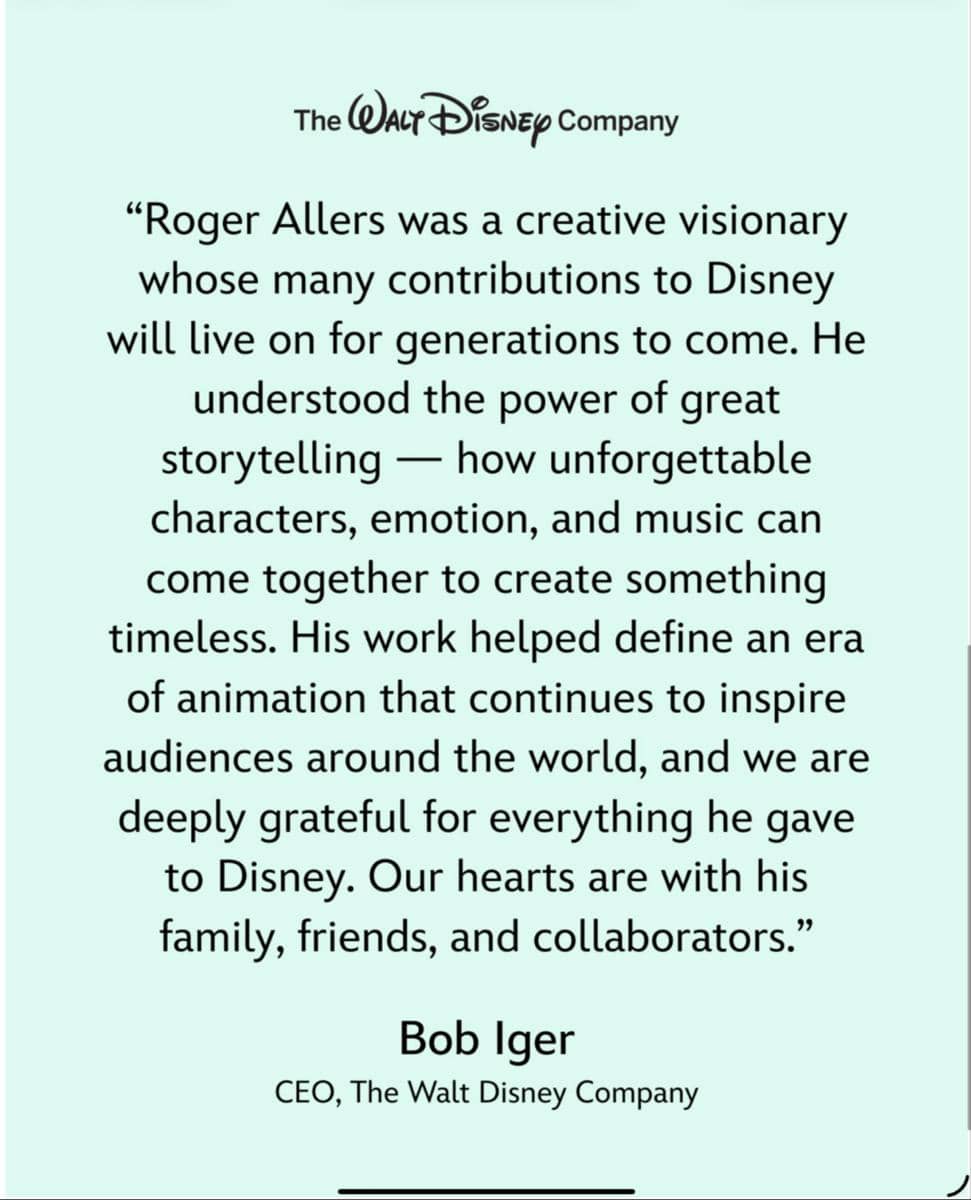 Ucapan duka Bob Iger untuk Roger Allers