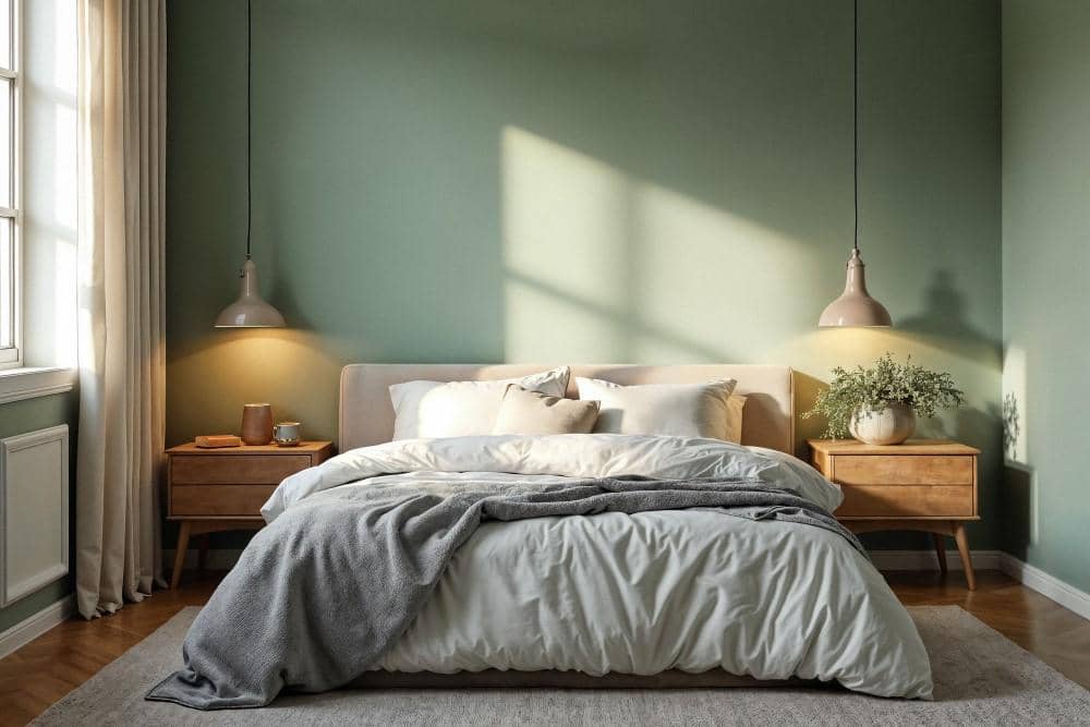 ilustrasi kamar tidur warna hijau sage