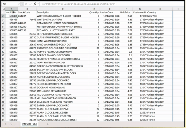 ilustrasi tampilan rumus fungsi IMPORTTEXT di Excel