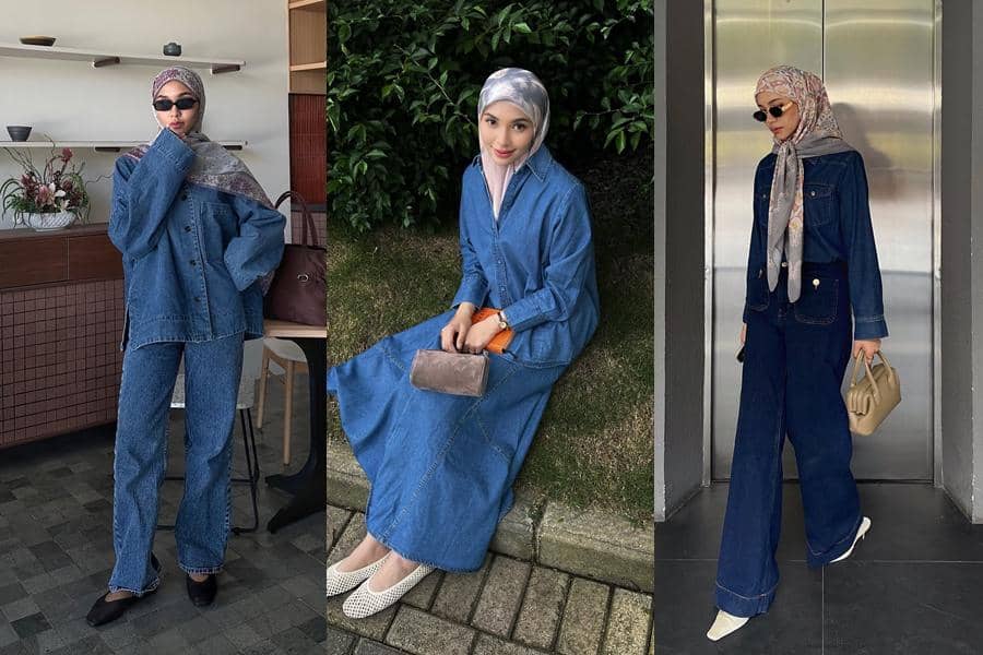 9 Gaya Fashion Hijab Denim on Denim ala Fita Wulansari, Keren Maksimal