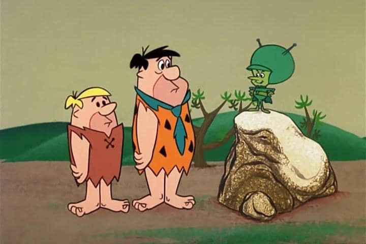 cuplikan adegan Fred dan Barney bertemu Gazoo