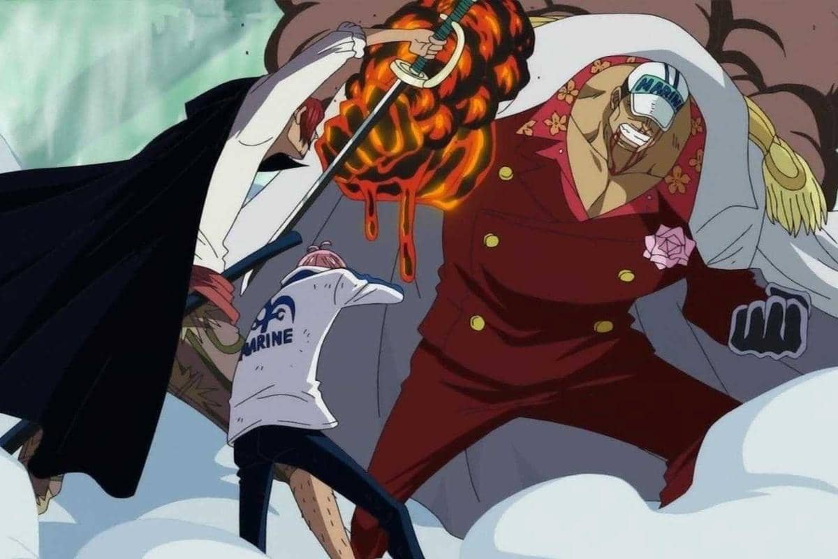 Shanks melindungi Koby dari Sakazuki.