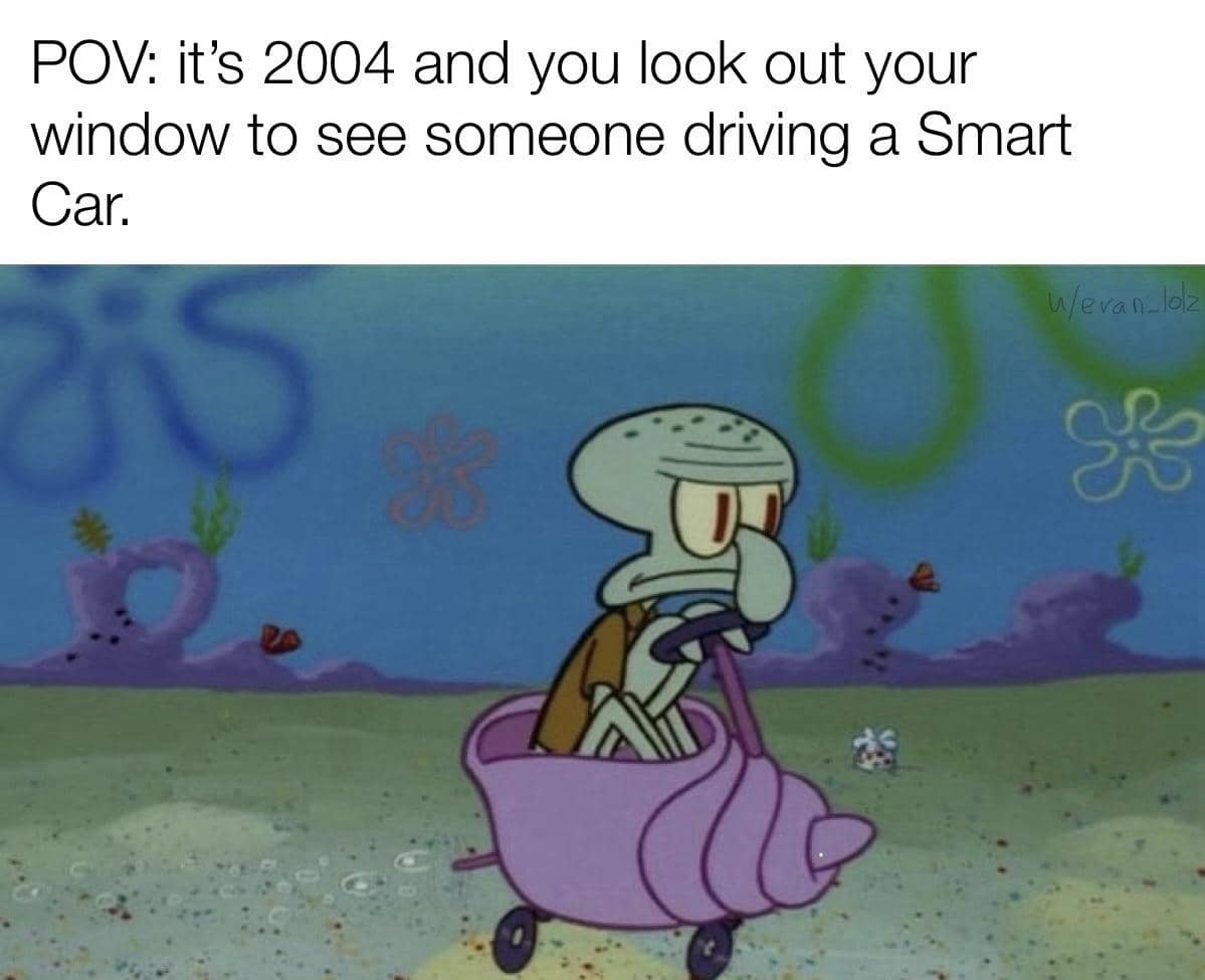 meme Squidward naik mobil kerang