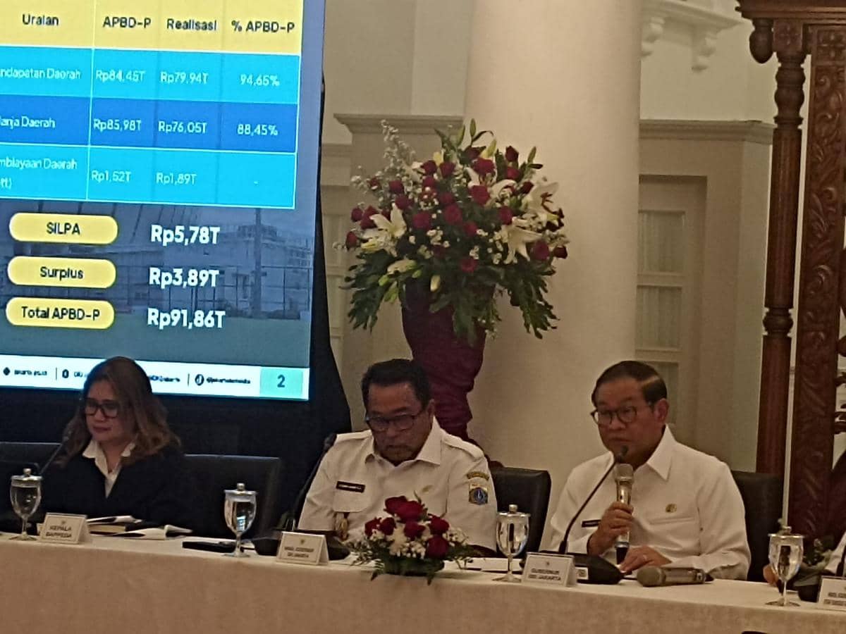 Gubernur DKI Jakarta Pramono Anung dalam konferensi pers realisasi APBD 2025 di Balai Kota