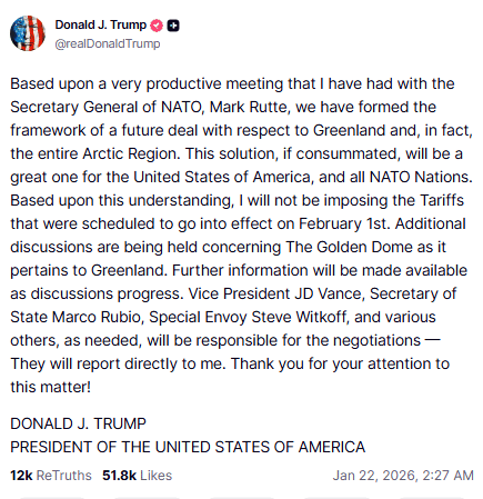 potret unggahan Trump Kamis (22/1)