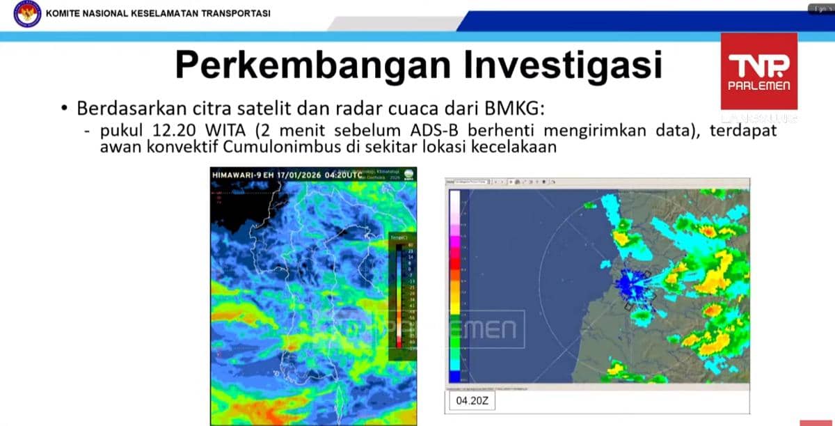 Data citra satelit dan radar cuaca di sekitar lokasi kecelakaan pesawat ATR 42-500 di Gunung Bulusaraung. (Dok. YouTube/TVR Parlemen)