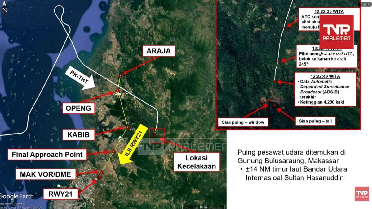 Grafis jalur pesawat ATR 42-500 nomor registrasi PK-THT yang jatuh di Gunung Bulusaraung, pada Sabtu (17/1/2026). (YouTube/TVR Parlemen)