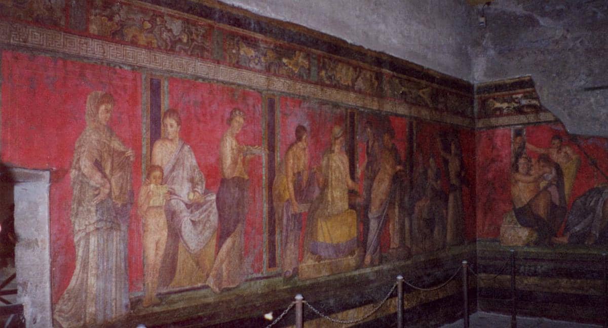 Sebagian dari lukisan dinding (fresco) terkenal yang ditemukan di Vila Misteri di Pompeii, Italia. 