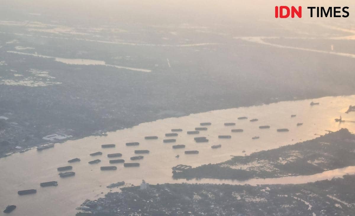 Puluhan Tongkang Batu Bara melintasi Sungai Musi Palembang