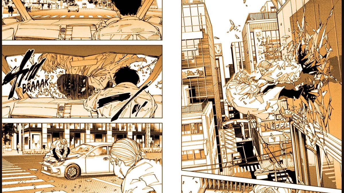 Sakamoto dan Uzuki jatuh di atas mobil - Sakamoto Days