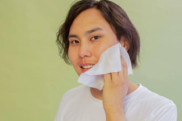 Ilustrasi membersihkan minyak di wajah menggunakan tisu 