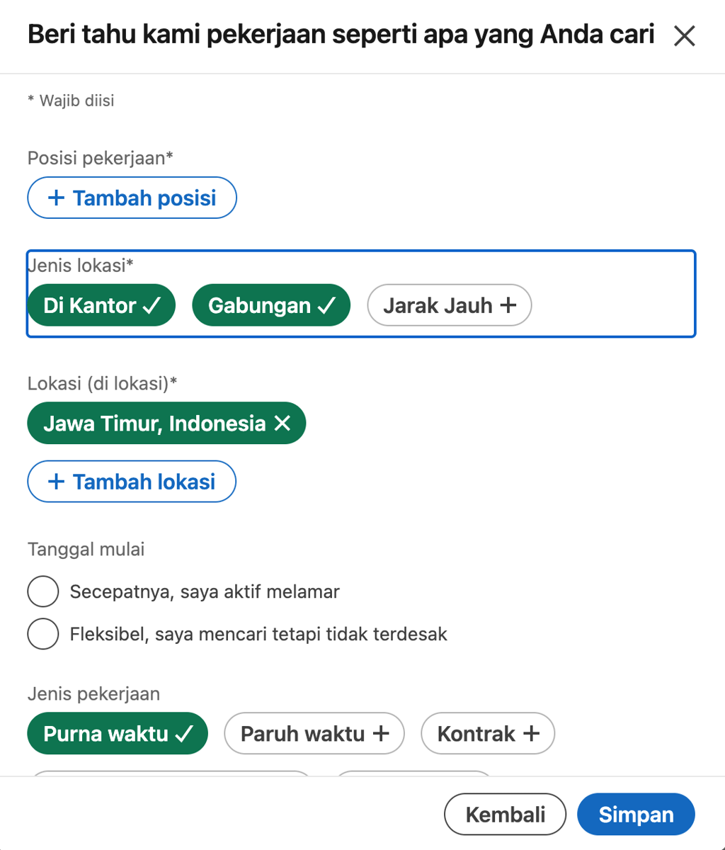 Preferensi pekerjaan yang diinginkan oleh kandidat sebelum menyalakan OpenToWork pada Linkedln