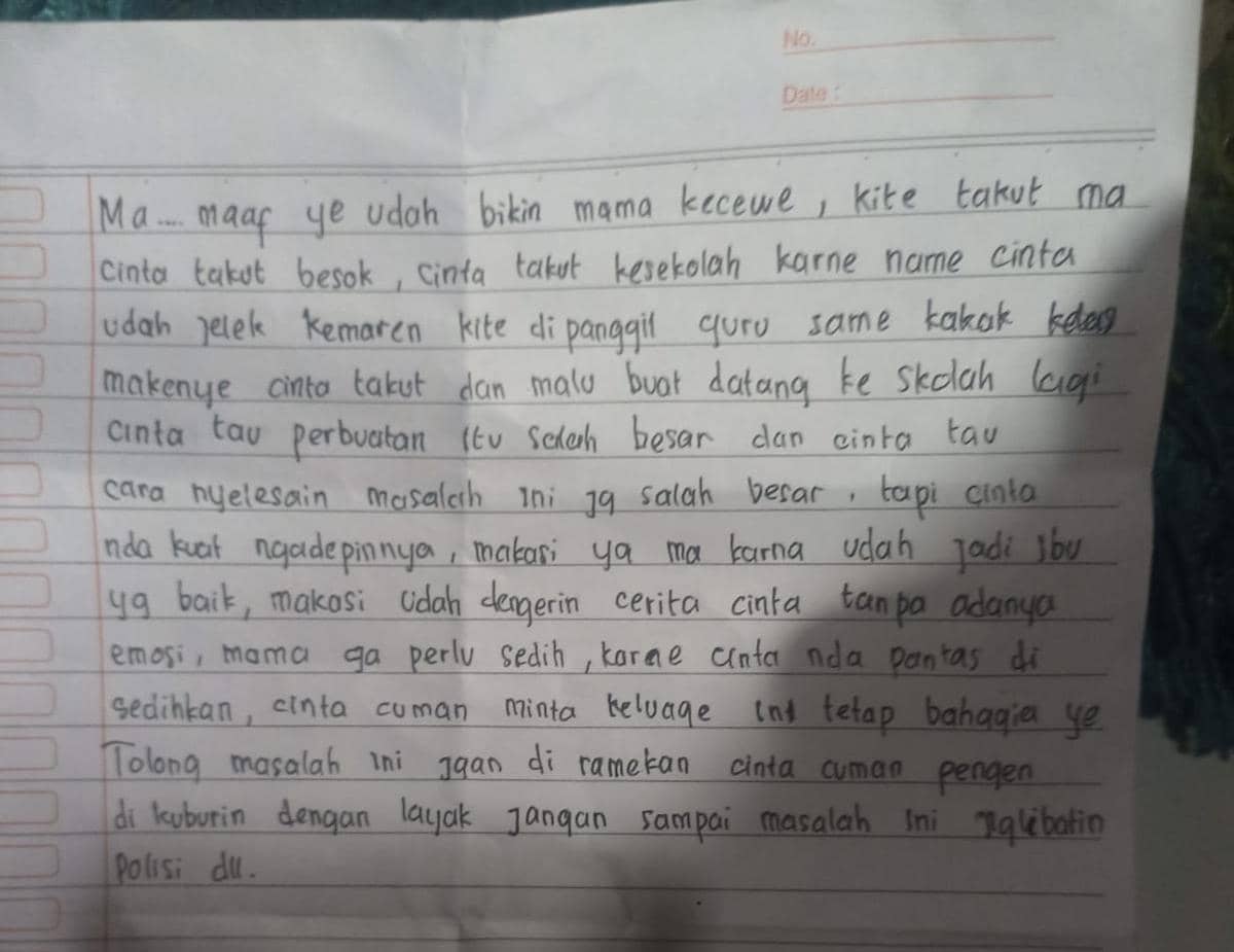 Korban tuliskan surat sebelum akhiri hidup.