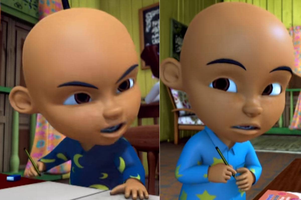 Upin marah pada Ipin yang langsung menuliskan jawaban alih-alih mengajarinya cara menyelesaikan soal matematika