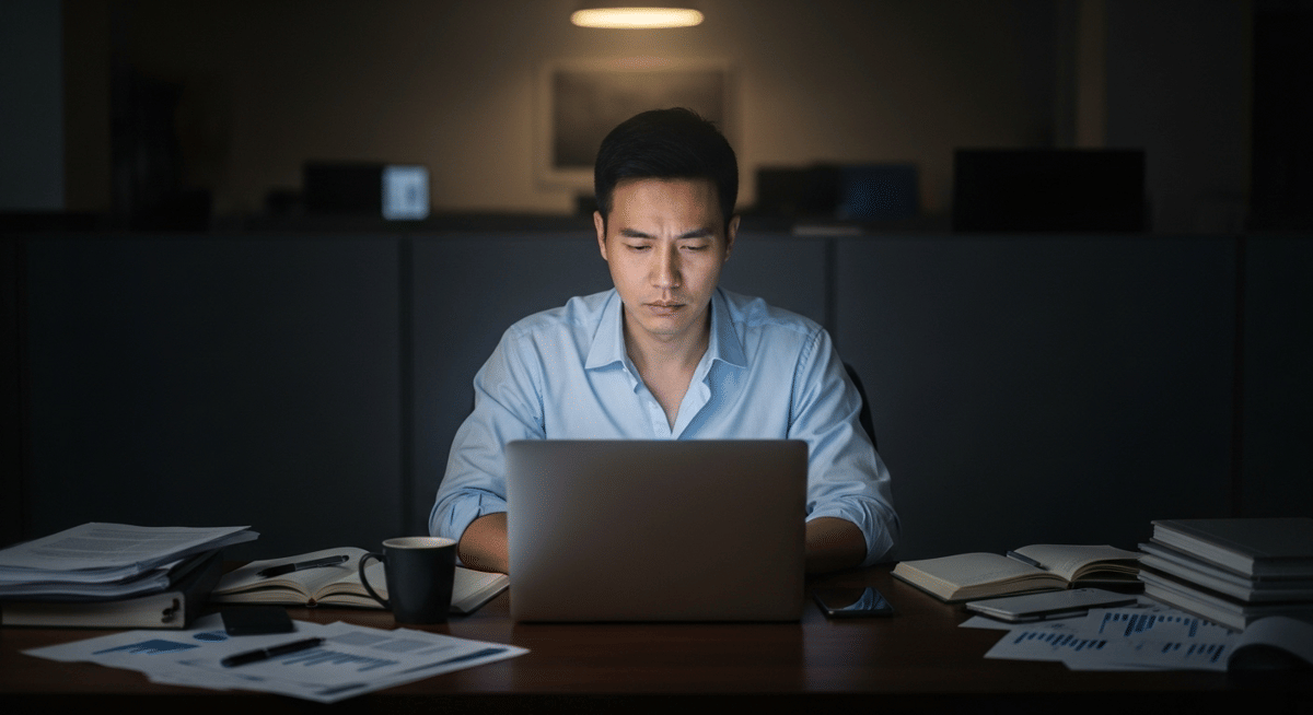 Ilustrasi pekerja kantoran bekerja tanpa batas waktu di malam hari.