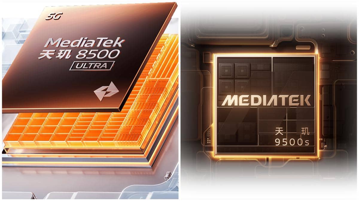 ilustrasi prosesor MediaTek Dimensity 8500 Ultra (kiri) dan MediaTek Dimensity 9500s (kanan) 