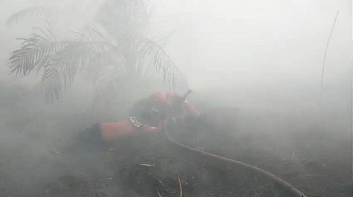 Asap selimuti pemadam saat padamkan api.