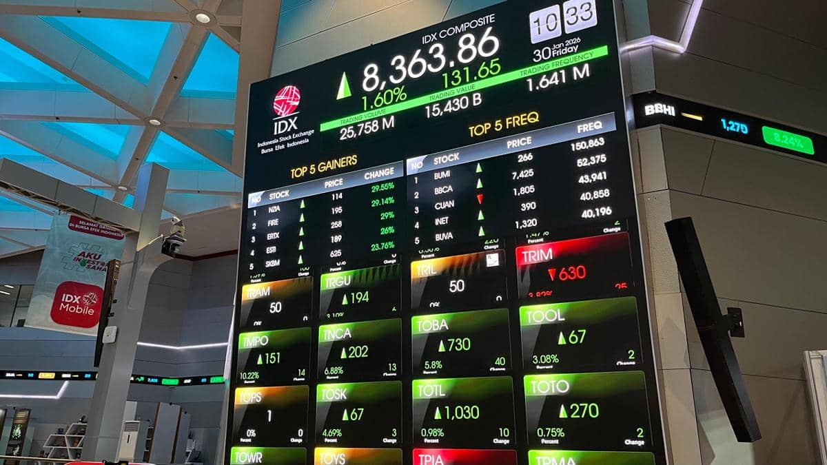 Layar papan perdagangan di BEI menunjukkan IHSG menguat
