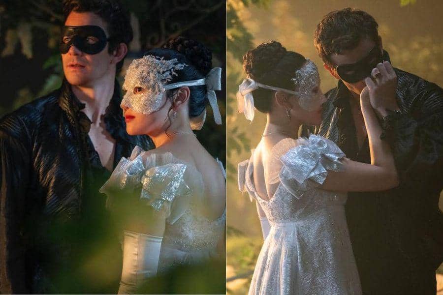 Momen magis Benedict Bridgerton saat berdansa dengan sosok misterius "Lady in Silver" di pesta topeng (Liam Daniel/Netflix via Tudum)