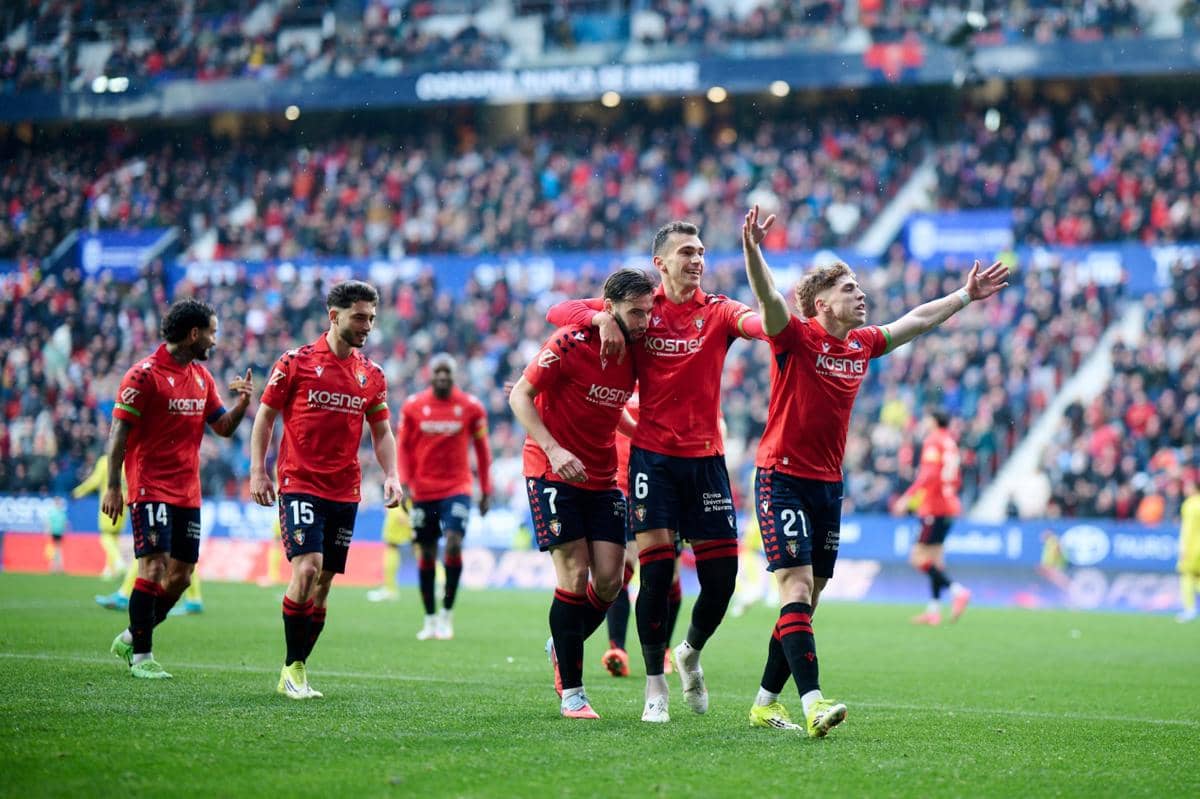 Selebrasi pemain Osasuna saat mencetak gol melawan Villarreal